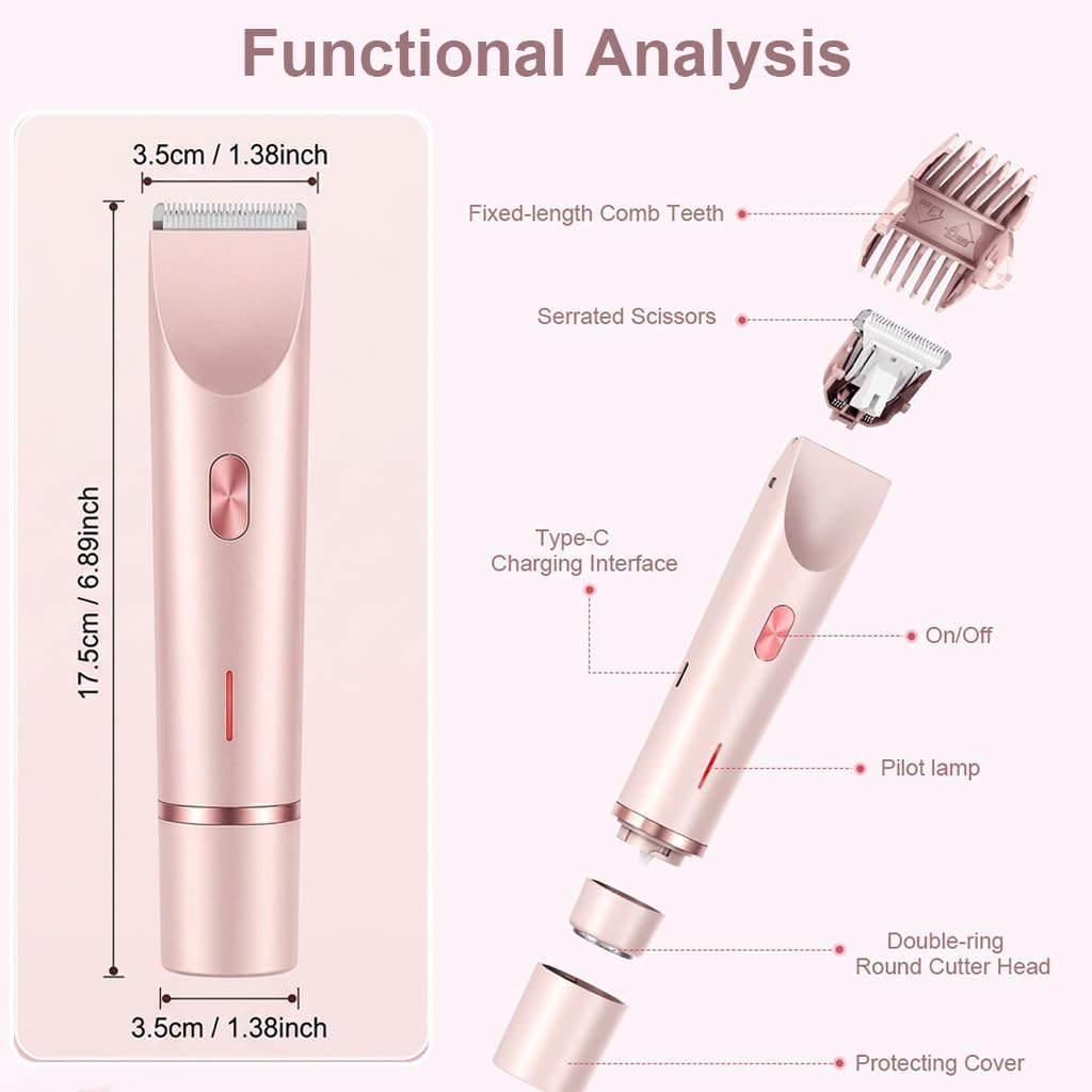 Bikini Trimmer for Women-2 in 1 Dual Head Bikini Shaver & Body Shaver,IPX7 Cordless & Waterproof Electric Shaver Wet & Dry Use,Painless Hair Removal,Ceramic Blade, Ultra Low Silent-Pink - Image 2