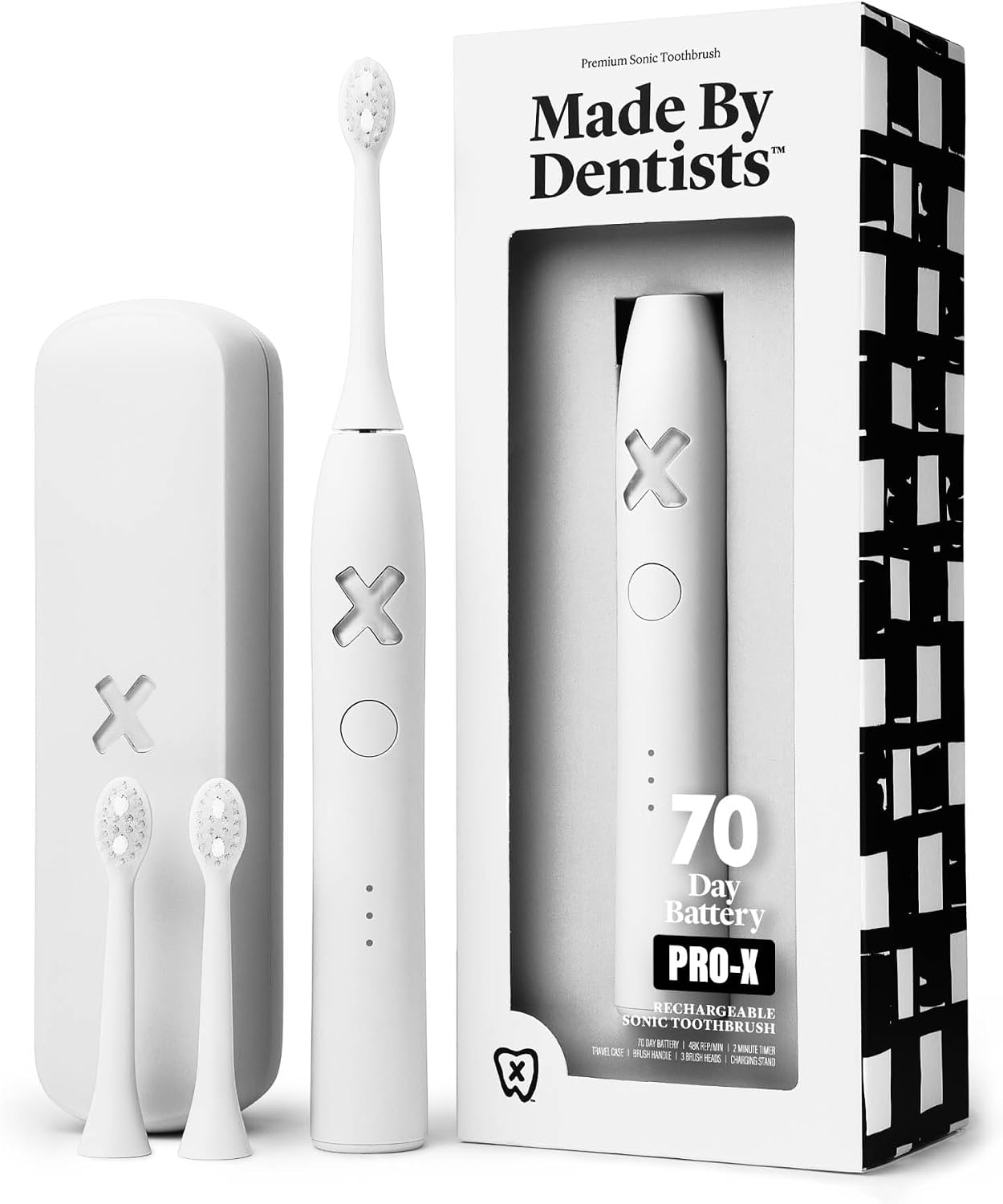 Made by Dentists PRO‑X Sonic Electric Toothbrush for Adults – 70‑Day Battery on One Charge, Dentist‑Designed Whitening Rechargeable Toothbrush, 3 Brush Heads & Travel Case, 3 Modes, White