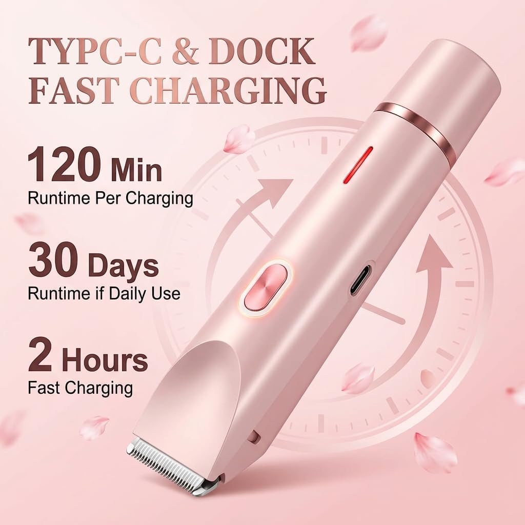Bikini Trimmer for Women-2 in 1 Dual Head Bikini Shaver & Body Shaver,IPX7 Cordless & Waterproof Electric Shaver Wet & Dry Use,Painless Hair Removal,Ceramic Blade, Ultra Low Silent-Pink - Image 8