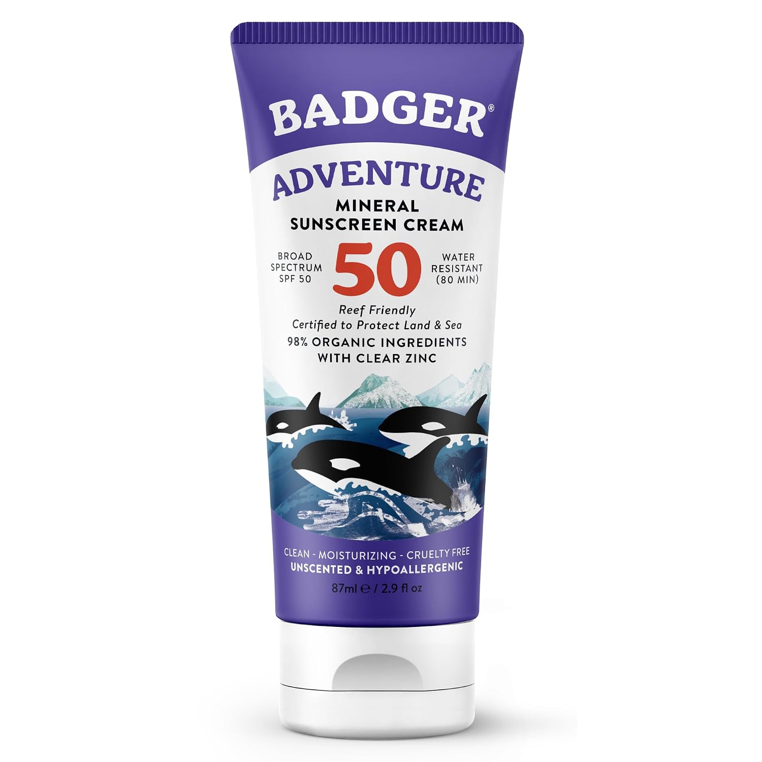 Badger Reef Safe Mineral Sunscreen SPF 50, Zinc Oxide, 2.9 fl oz