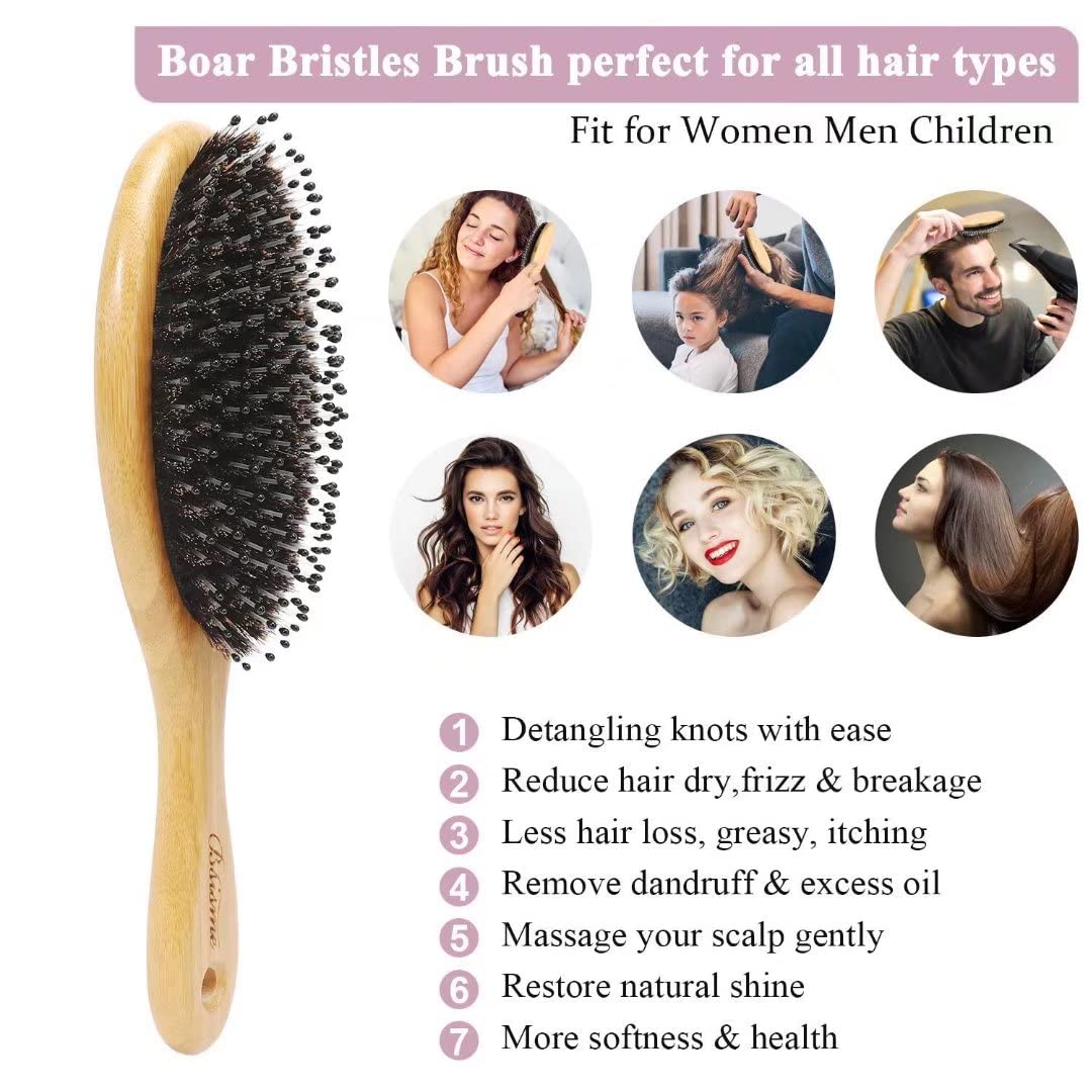 Hair Brush Comb Set Boar Bristle Hairbrush for Curly Thick Long Fine Dry Wet Hair,Best Travel Bamboo Paddle Detangler Detangling Hair Brushes for Women Men Kids Adding Shine Smoothing Hair - Image 4