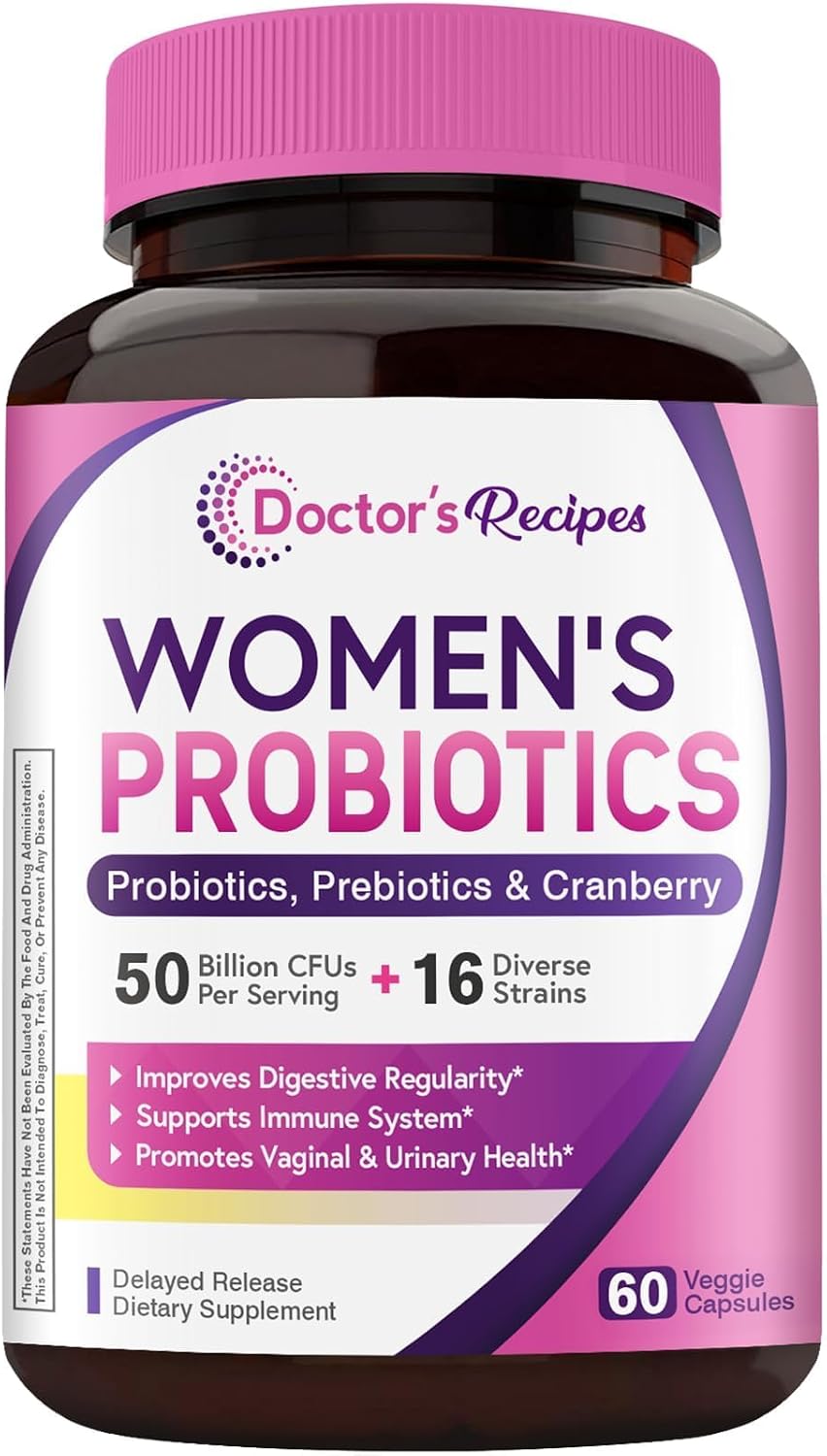 Doctor's Recipes Women's Probiotic, 60 Caps 50 Billion CFU 16 Strains, with Organic Cranberry, Digestive Immune Vaginal & Urinary Health, Shelf Stable, Delayed Release, No Soy Gluten Dairy