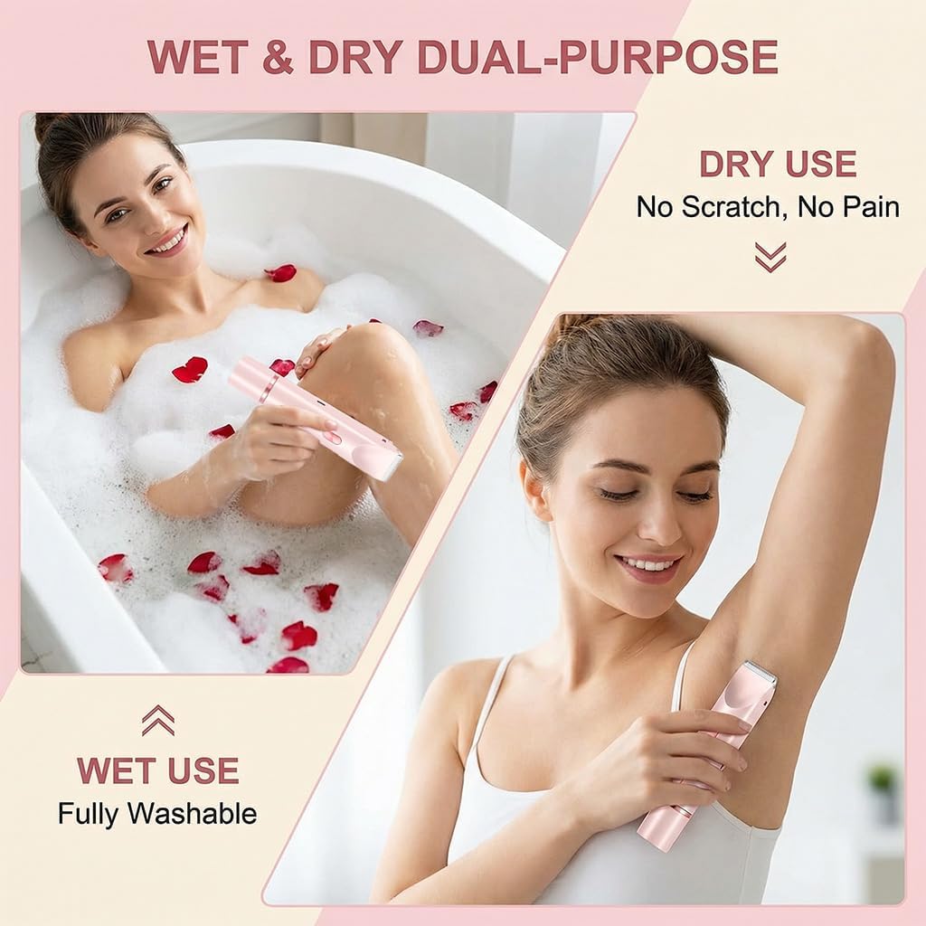 Bikini Trimmer for Women-2 in 1 Dual Head Bikini Shaver & Body Shaver,IPX7 Cordless & Waterproof Electric Shaver Wet & Dry Use,Painless Hair Removal,Ceramic Blade, Ultra Low Silent-Pink - Image 9