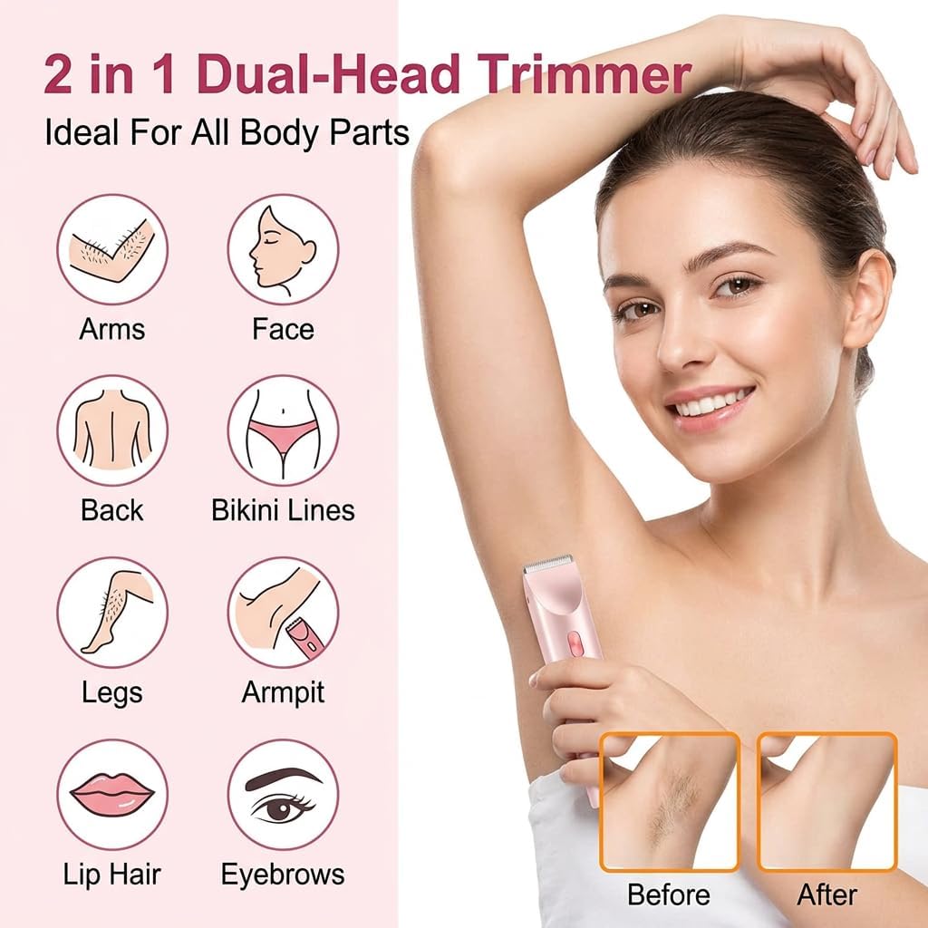 Bikini Trimmer for Women-2 in 1 Dual Head Bikini Shaver & Body Shaver,IPX7 Cordless & Waterproof Electric Shaver Wet & Dry Use,Painless Hair Removal,Ceramic Blade, Ultra Low Silent-Pink - Image 3