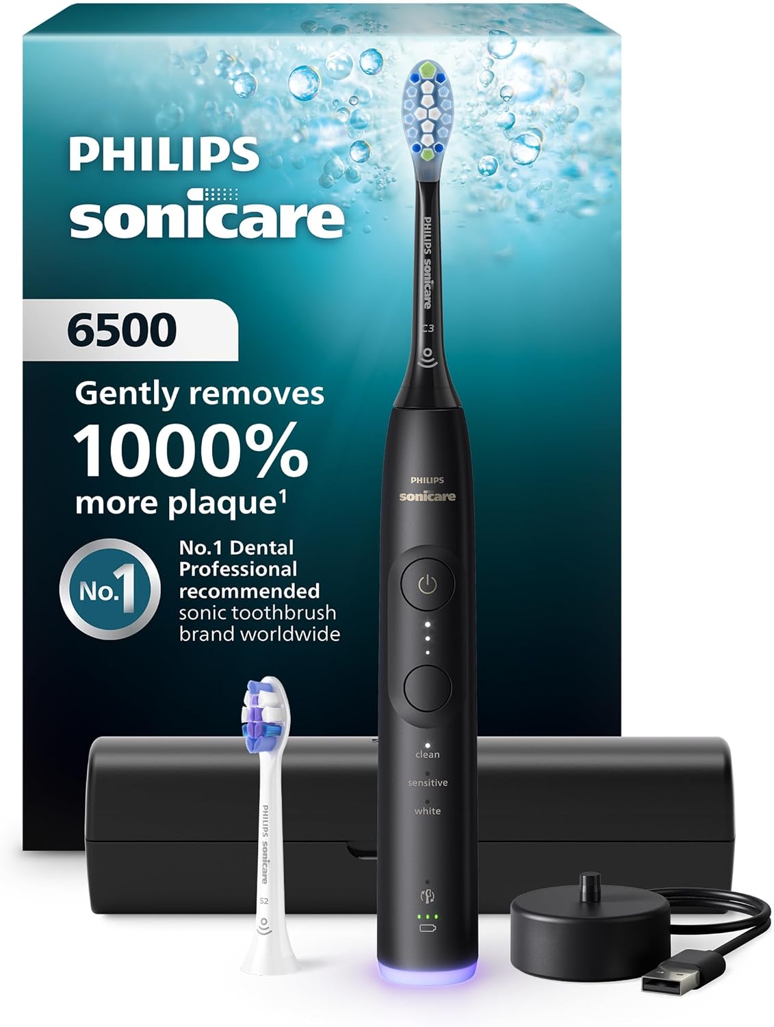 Philips Sonicare 6500 Rechargeable Electric Toothbrush, 2 Brush Head, Black