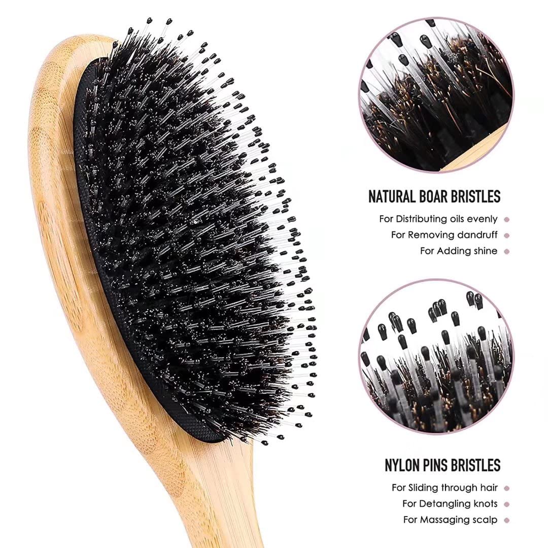 Hair Brush Comb Set Boar Bristle Hairbrush for Curly Thick Long Fine Dry Wet Hair,Best Travel Bamboo Paddle Detangler Detangling Hair Brushes for Women Men Kids Adding Shine Smoothing Hair - Image 2