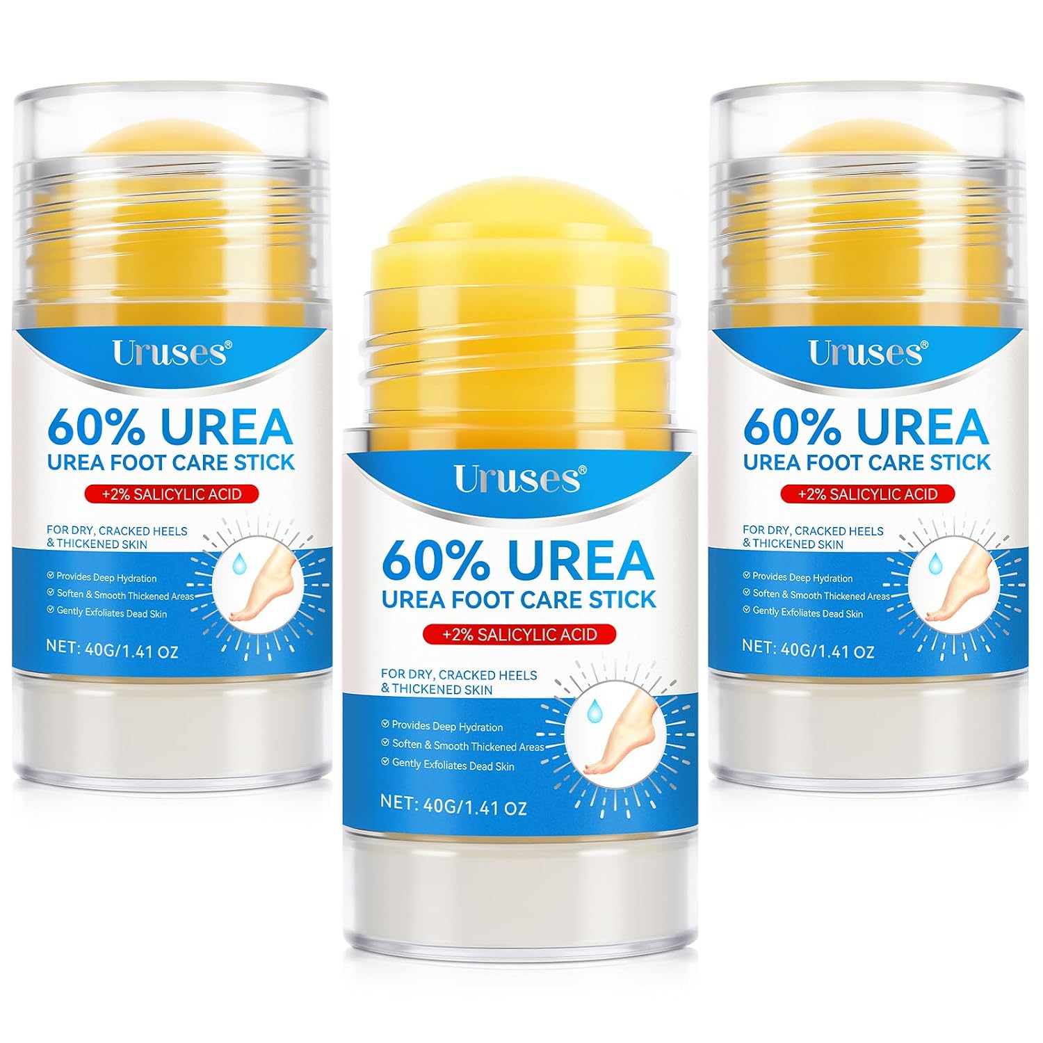 Uruses 3Pack Urea Cream 60% plus Salicylic Acid 2% Urea Foot Care Stick,Foot Cream for Foot Callus Remover, Feet Moisturizer Stick for Dry Cracked Heels, Hands, Knees,Hydrating Heel Balm, Easy To Use