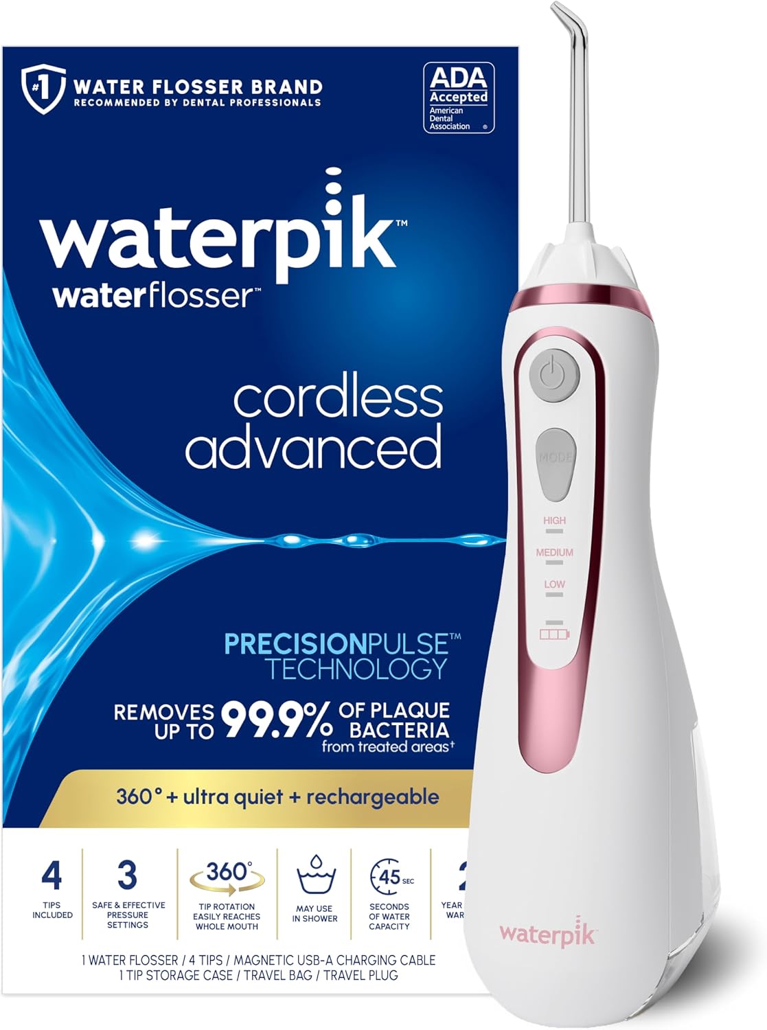 Waterpik Cordless Advanced Portable Water Flosser, Rechargeable, Rose Gold