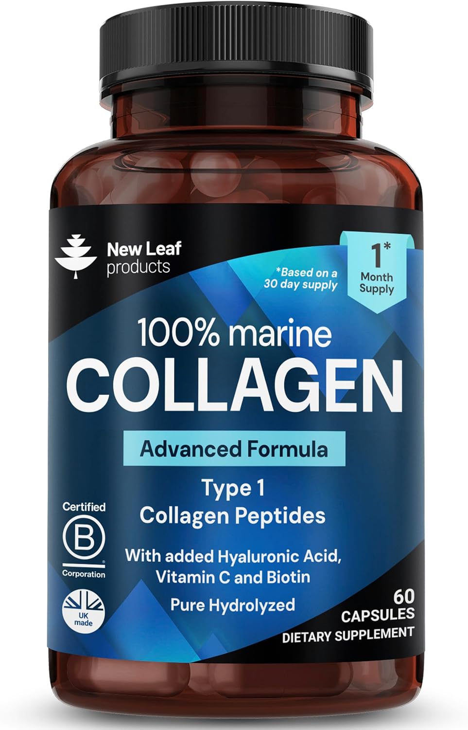 Pure Marine Collagen Supplements for Women & Men - with Hyaluronic Acid, Vitamin C & Biotin - Collagen Peptides Hydrolyzed Collagen for Hair Skin & Nails - 60 Capsules by New Leaf UK Made