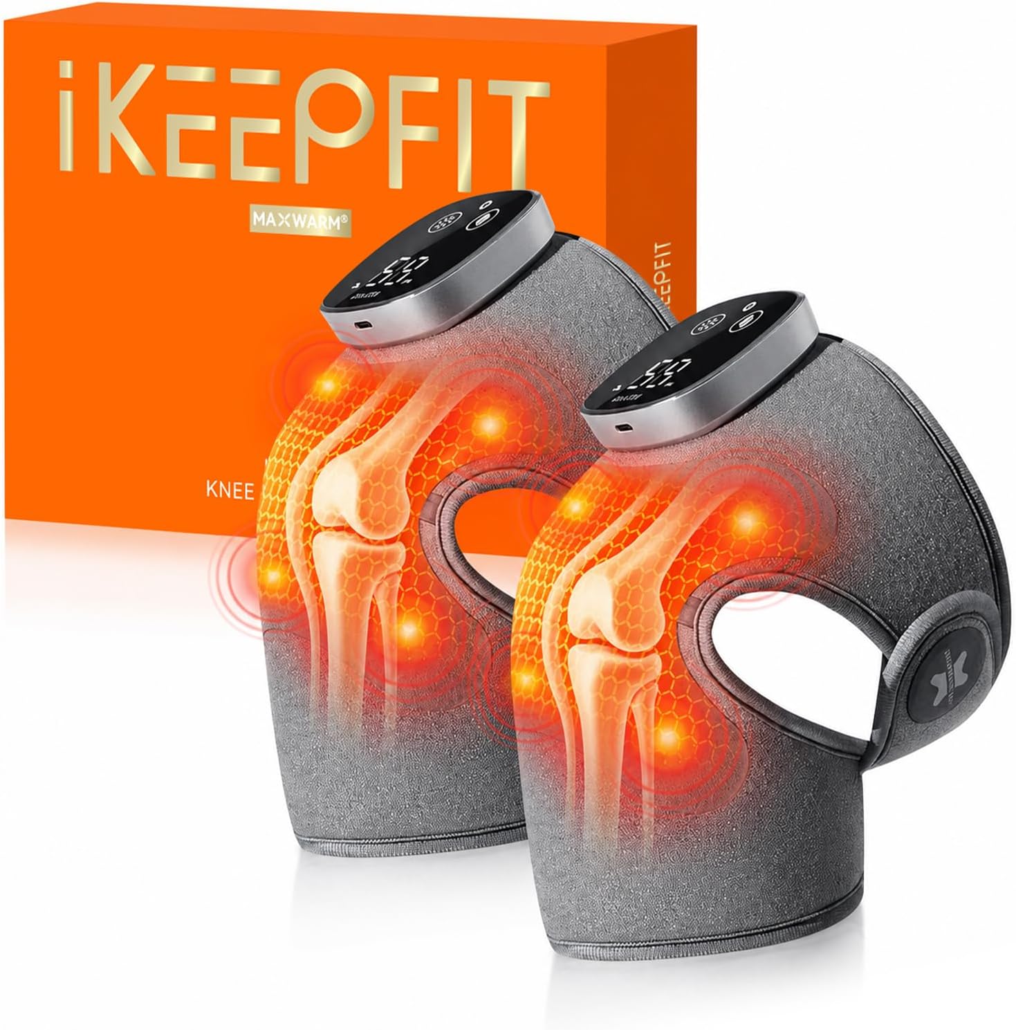 IKEEPFIT Knee Massager with Heat Vibration for Pain Relief MAXwarm 5.0[2026 Upgraded]-Heated Knee Brace with 5 Heat Levels and 4 Massage Motors, X-Warm Heat-Lock Tech, Gifts for Men Women(Grey, 2Pack)