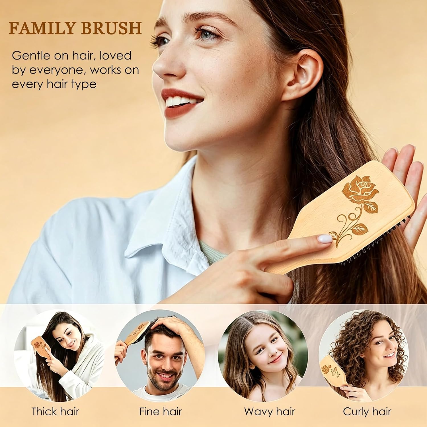 Bsisme Boar Bristle Hair Brush, Professional Detangling Brush for Women Men Kids, Anti-Static Paddle Hairbrush, Suitable for Thick Curly Straight Wet Dry Hair, Reduce Frizz Add Shine - Image 5