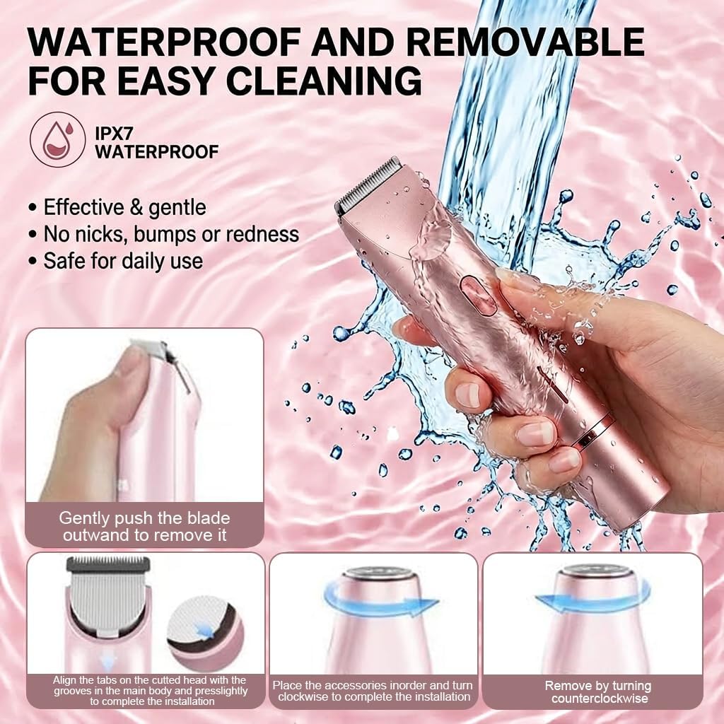 Bikini Trimmer for Women-2 in 1 Dual Head Bikini Shaver & Body Shaver,IPX7 Cordless & Waterproof Electric Shaver Wet & Dry Use,Painless Hair Removal,Ceramic Blade, Ultra Low Silent-Pink - Image 4