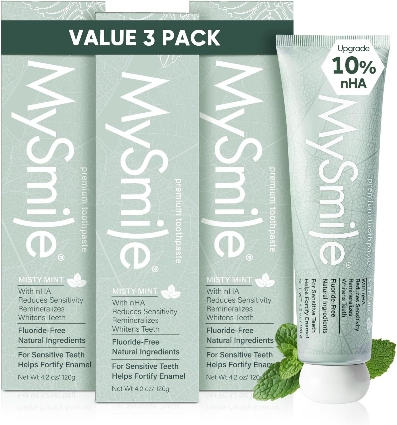 MySmile Fluoride Free Nano Hydroxyapatite Toothpaste for Sensitive Teeth, Strengthens Enamel, Remineralizes & Whitens Teeth, Freshens Breath for Adults, SLS Free, Misty Mint, 4.2 oz