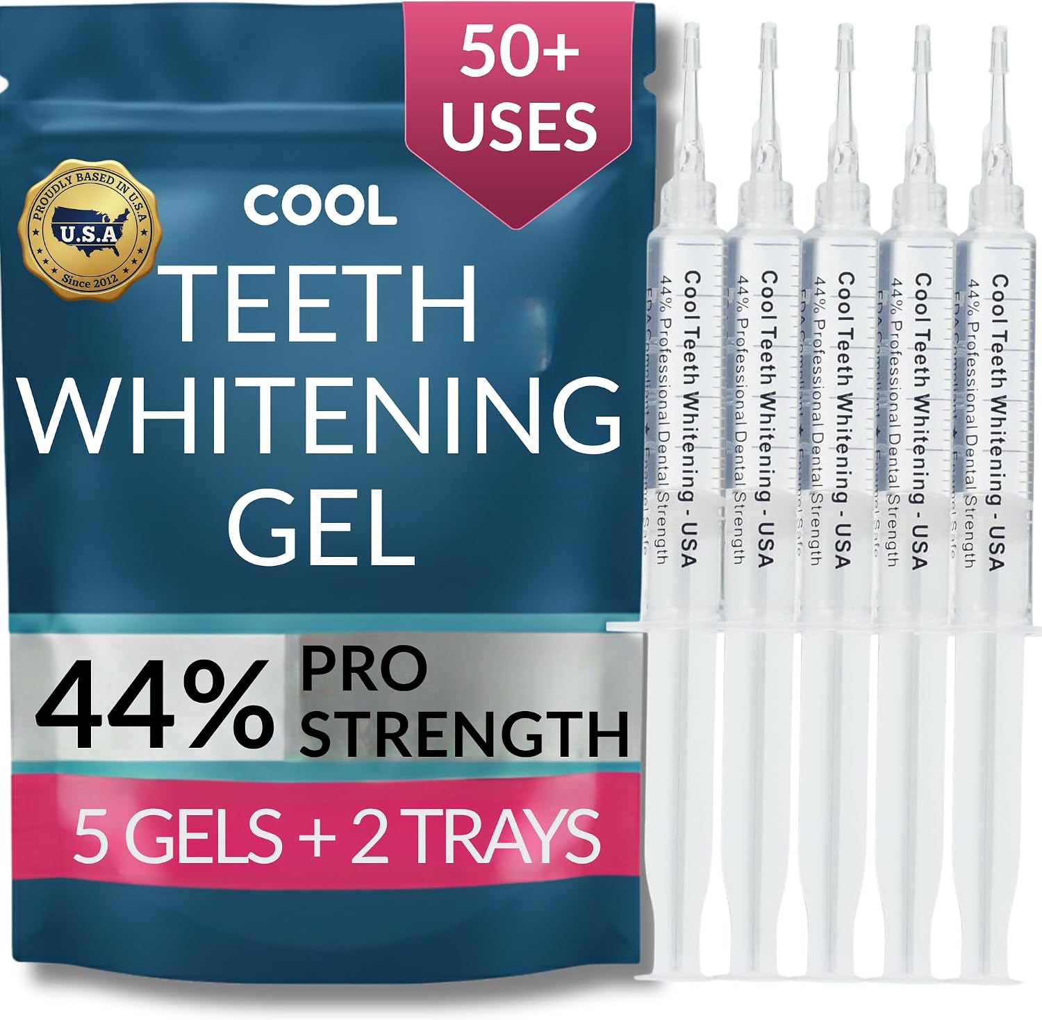 Teeth Whitening Gel with Trays 44% Carbamide Peroxide 5 Syringes - 50+ Uses