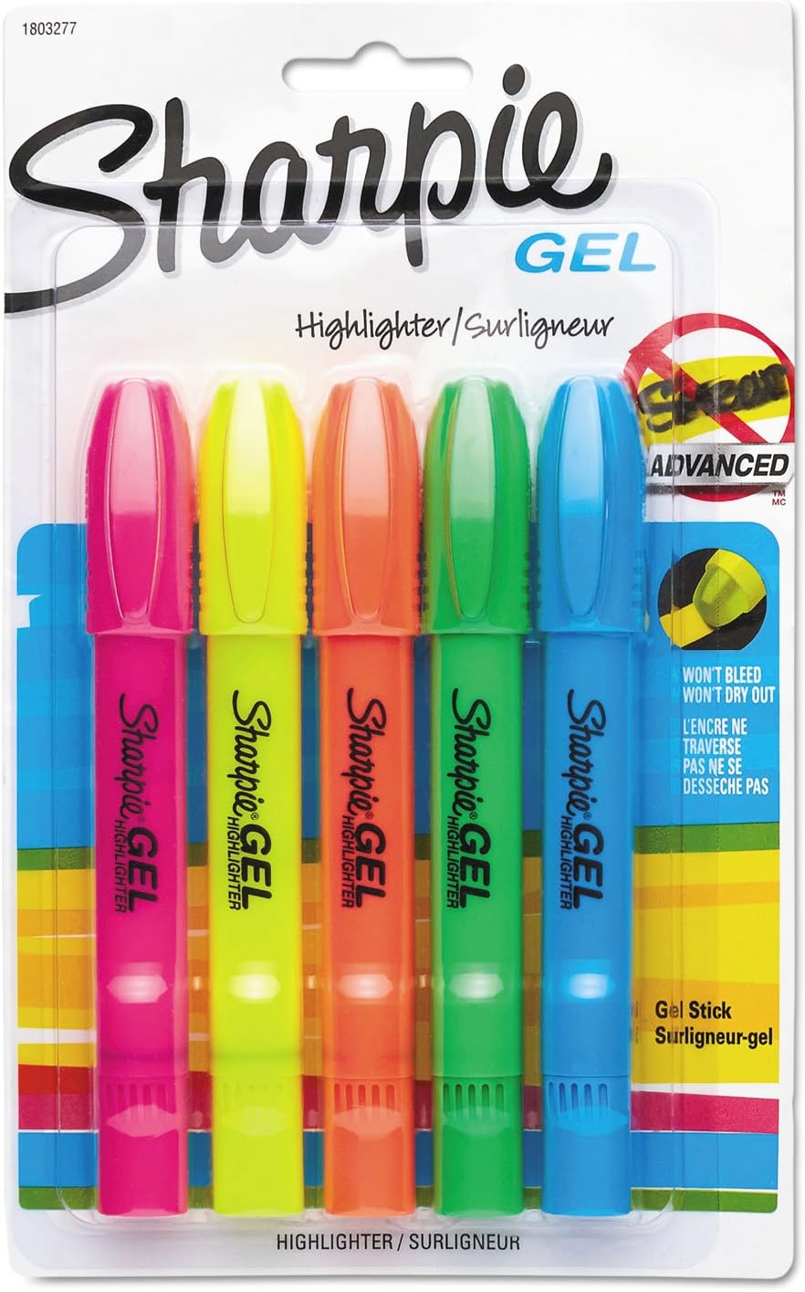 Sharpie Gel Highlighters, Assorted Colors, Smear-Resistant, Bullet Tip, 5 Count - No Bleed, Won't Dry Out