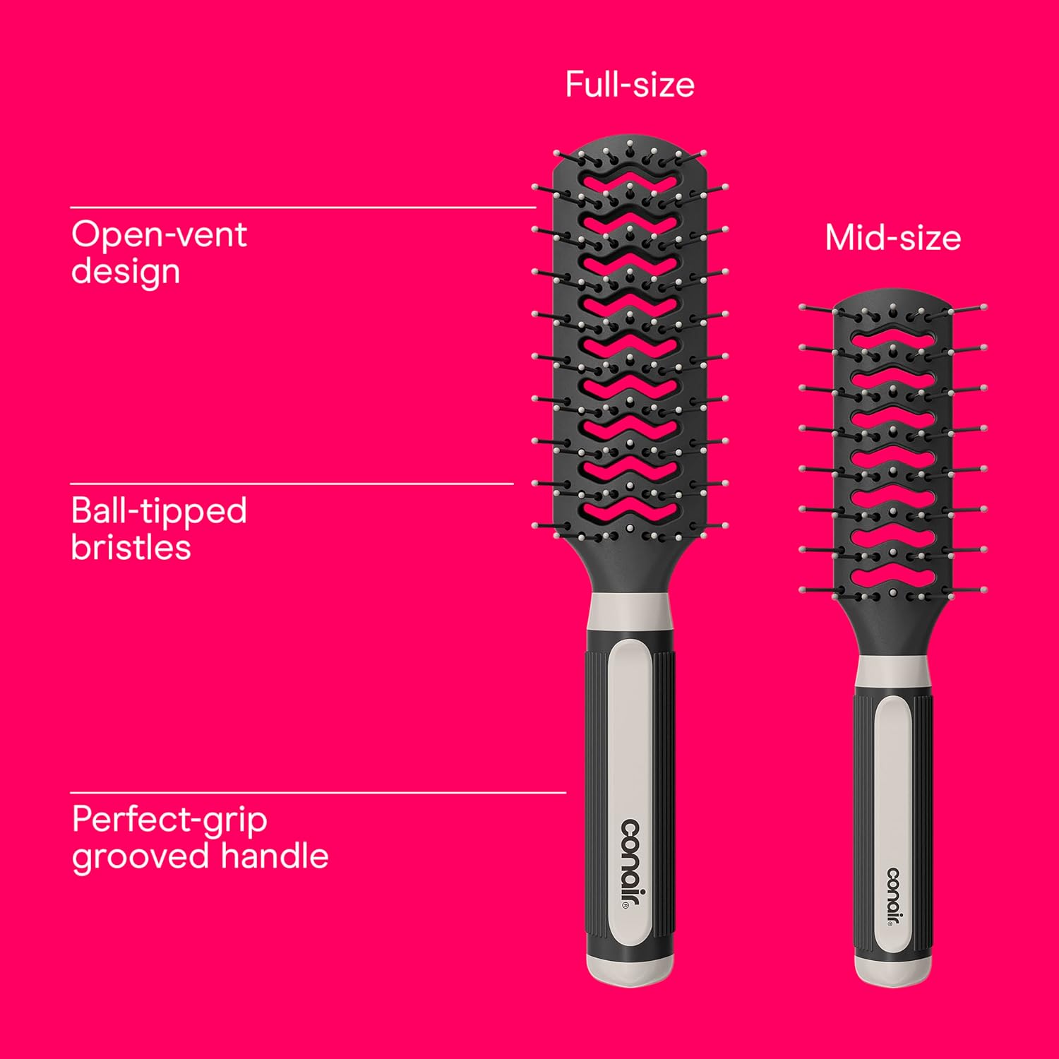 Conair Hair Brush Set, Grip & Lift Vent, Full-Size & Mid-Size, Black - Image 3