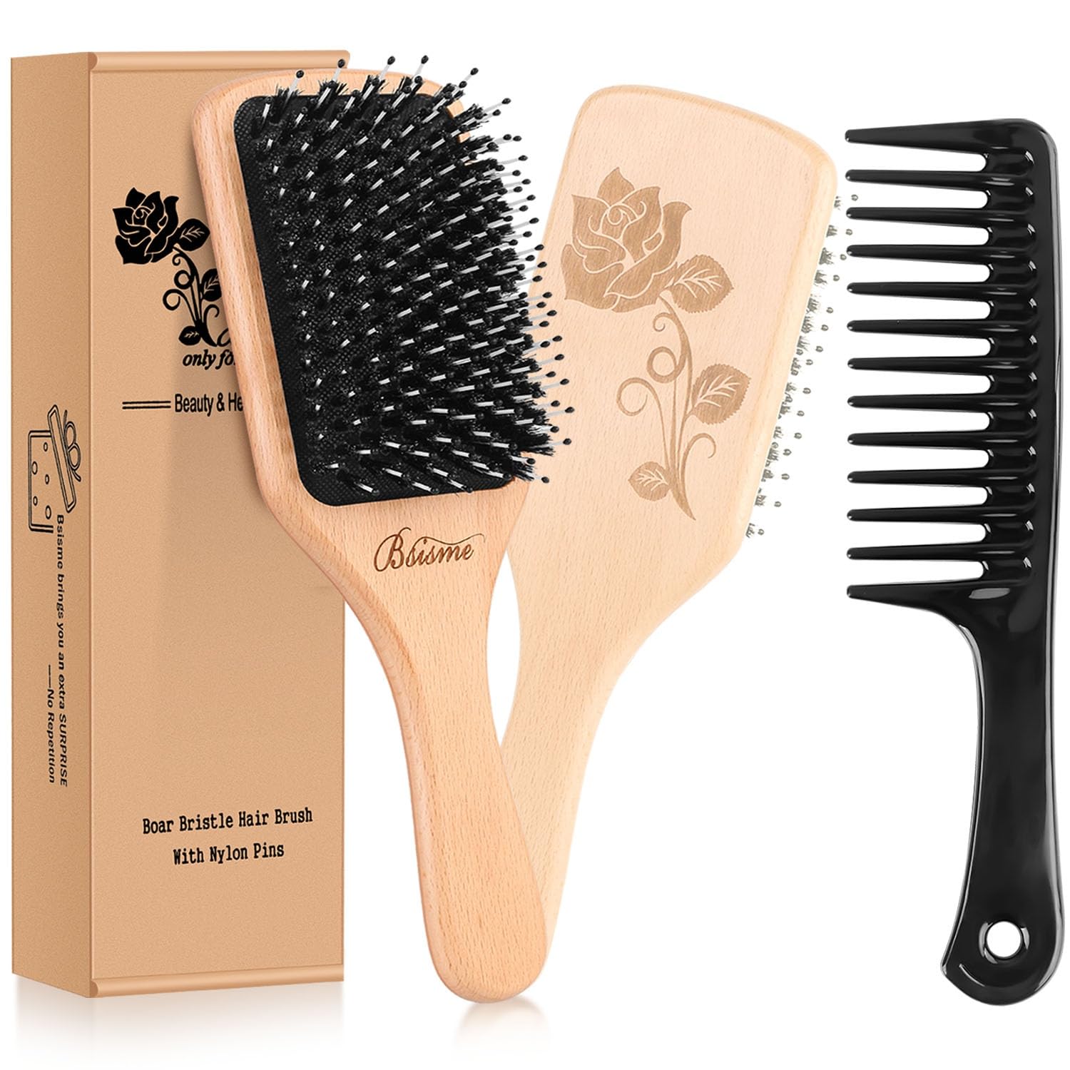Bsisme Boar Bristle Hair Brush, Professional Detangling Brush for Women Men Kids, Anti-Static Paddle Hairbrush, Suitable for Thick Curly Straight Wet Dry Hair, Reduce Frizz Add Shine