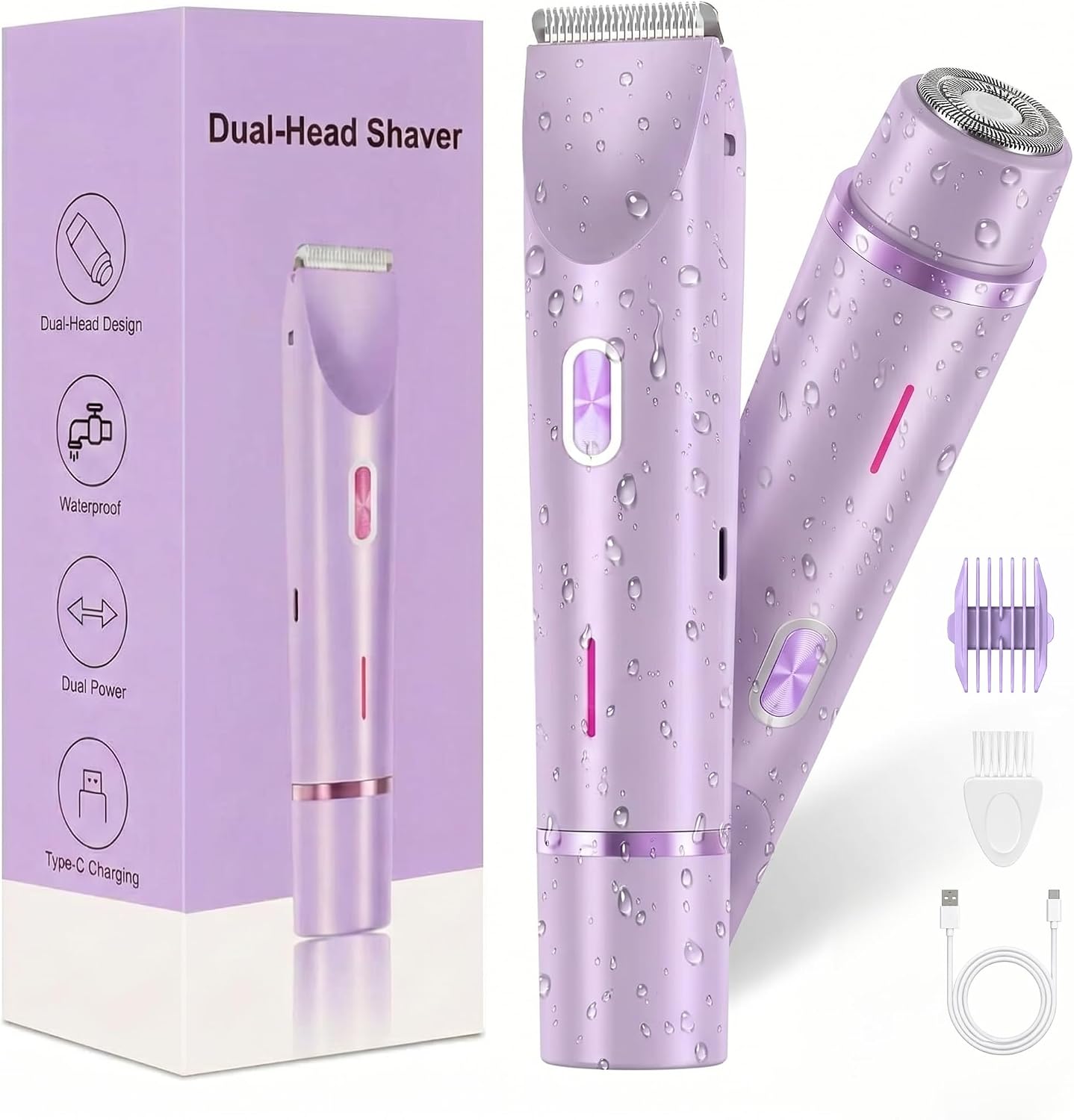 Bikini Trimmer for Women-2 in 1 Dual Head Bikini Shaver & Body Shaver,IPX7 Cordless & Waterproof Electric Shaver Wet & Dry Use,Painless Hair Removal,Ceramic Blade, Ultra Low Silent,Purple