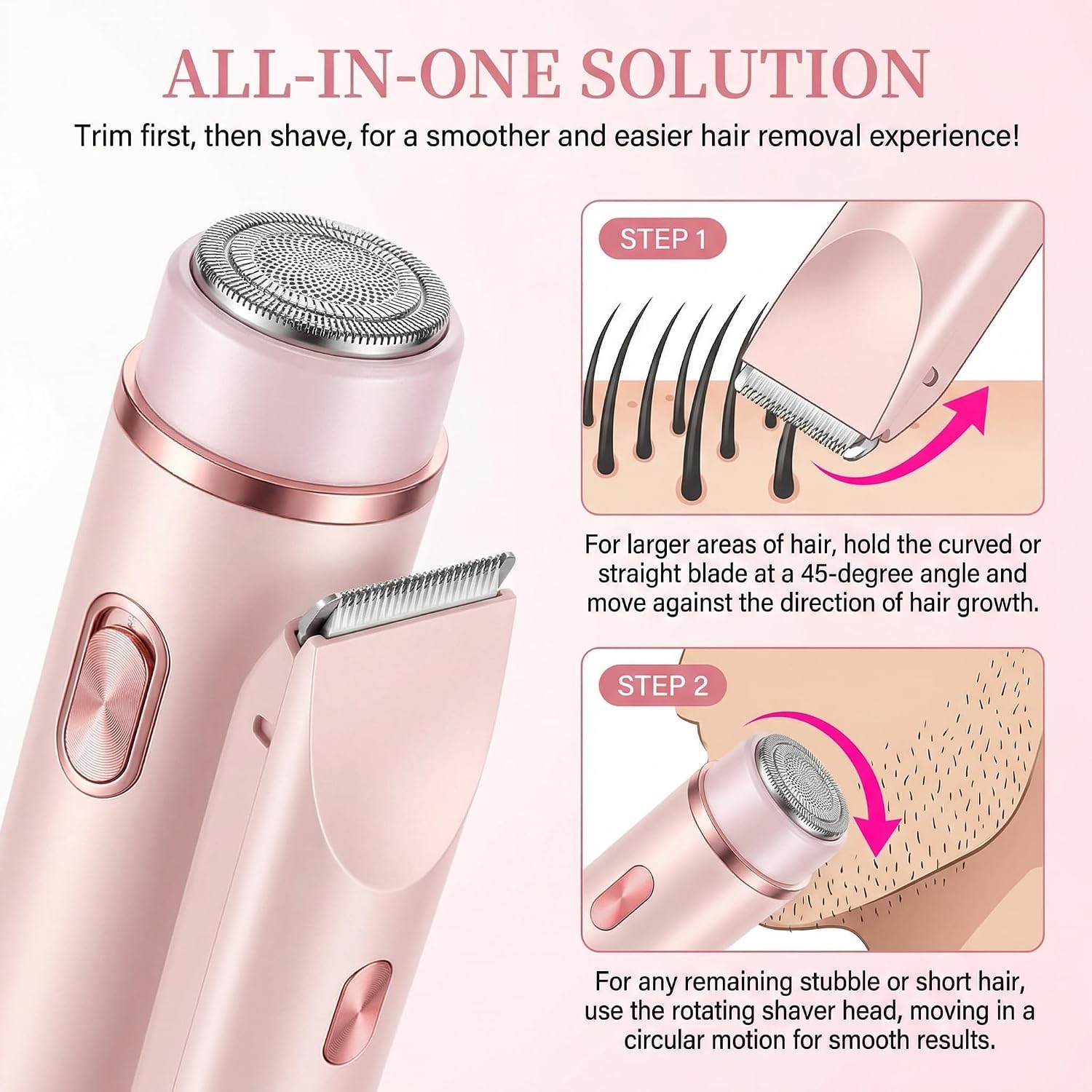 Bikini Trimmer for Women-2 in 1 Dual Head Bikini Shaver & Body Shaver,IPX7 Cordless & Waterproof Electric Shaver Wet & Dry Use,Painless Hair Removal,Ceramic Blade, Ultra Low Silent-Pink - Image 5