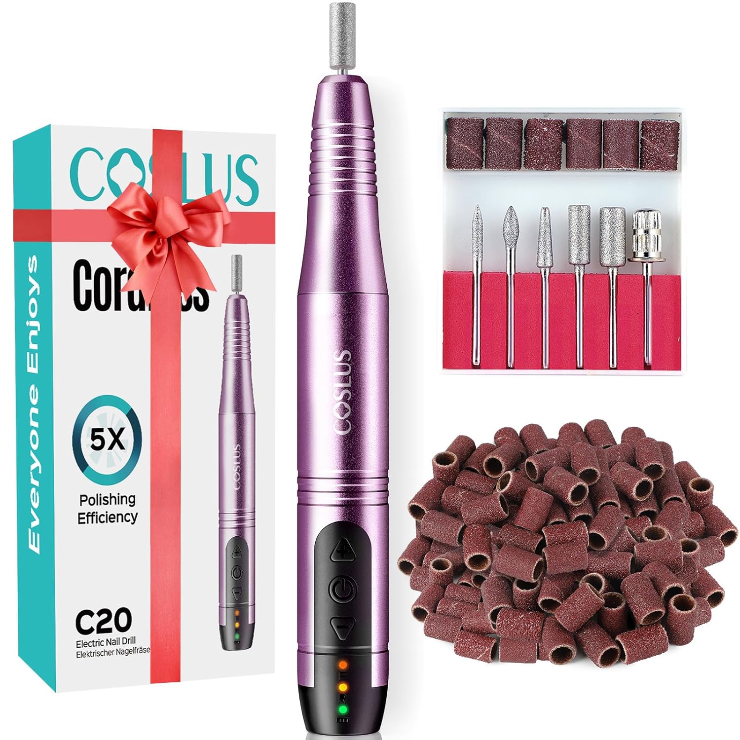 COSLUS C20 Cordless Nail Drill Electric File, All-in-One Kit, Purple