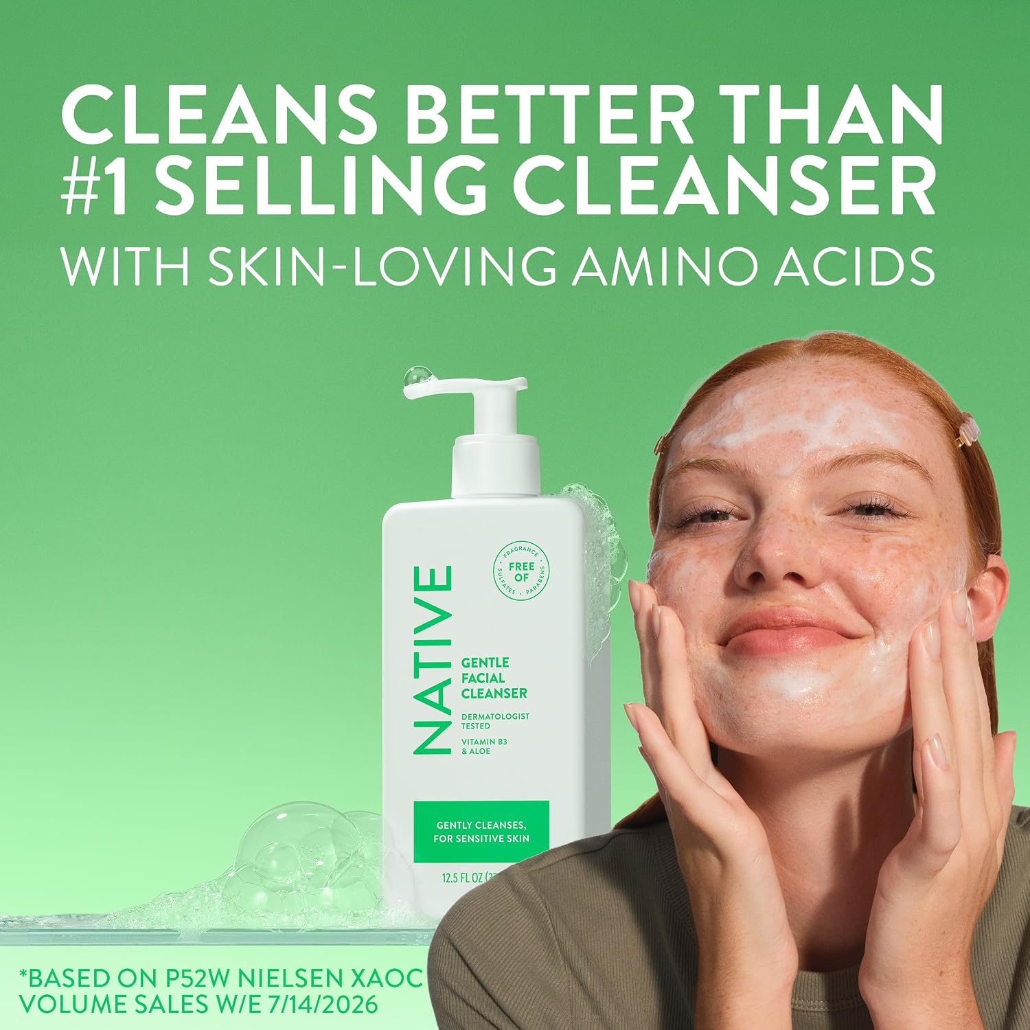 Native Gentle Facial Cleanser for Sensitive Skin, Fragrance Free, Sulfate Free, with Vitamin B3 and Aloe, Dermatologist Tested, 12.5 FL Oz - Image 2