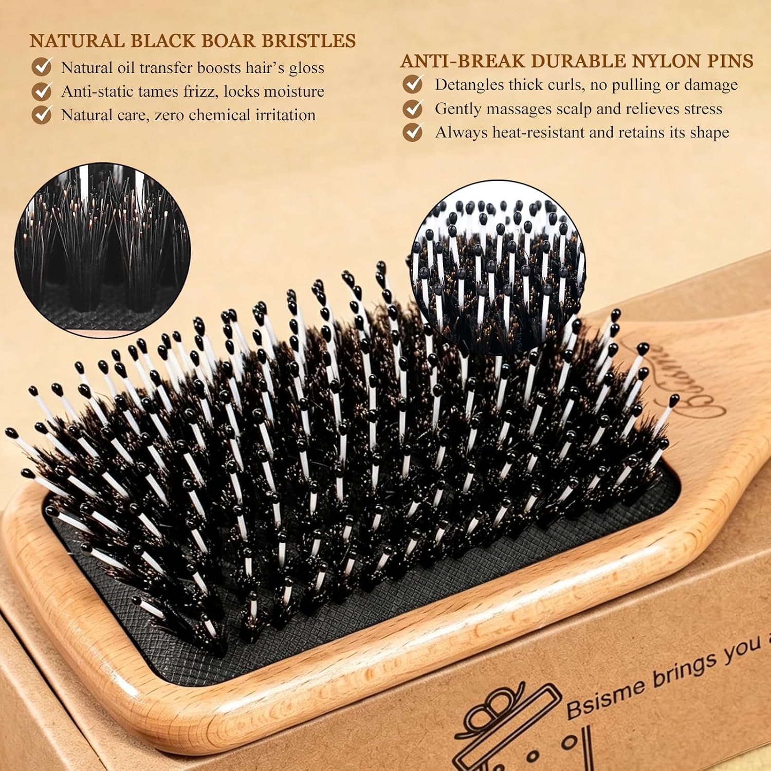 Bsisme Boar Bristle Hair Brush, Professional Detangling Brush for Women Men Kids, Anti-Static Paddle Hairbrush, Suitable for Thick Curly Straight Wet Dry Hair, Reduce Frizz Add Shine - Image 3