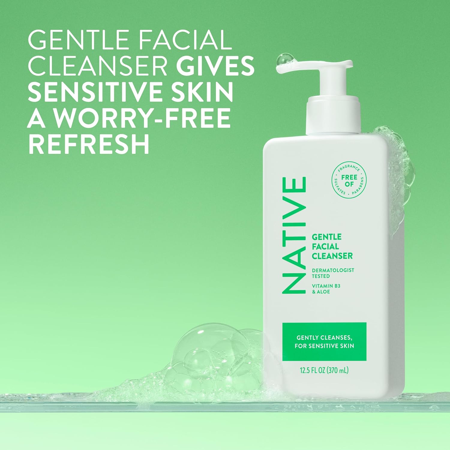 Native Gentle Facial Cleanser for Sensitive Skin, Fragrance Free, Sulfate Free, with Vitamin B3 and Aloe, Dermatologist Tested, 12.5 FL Oz - Image 8