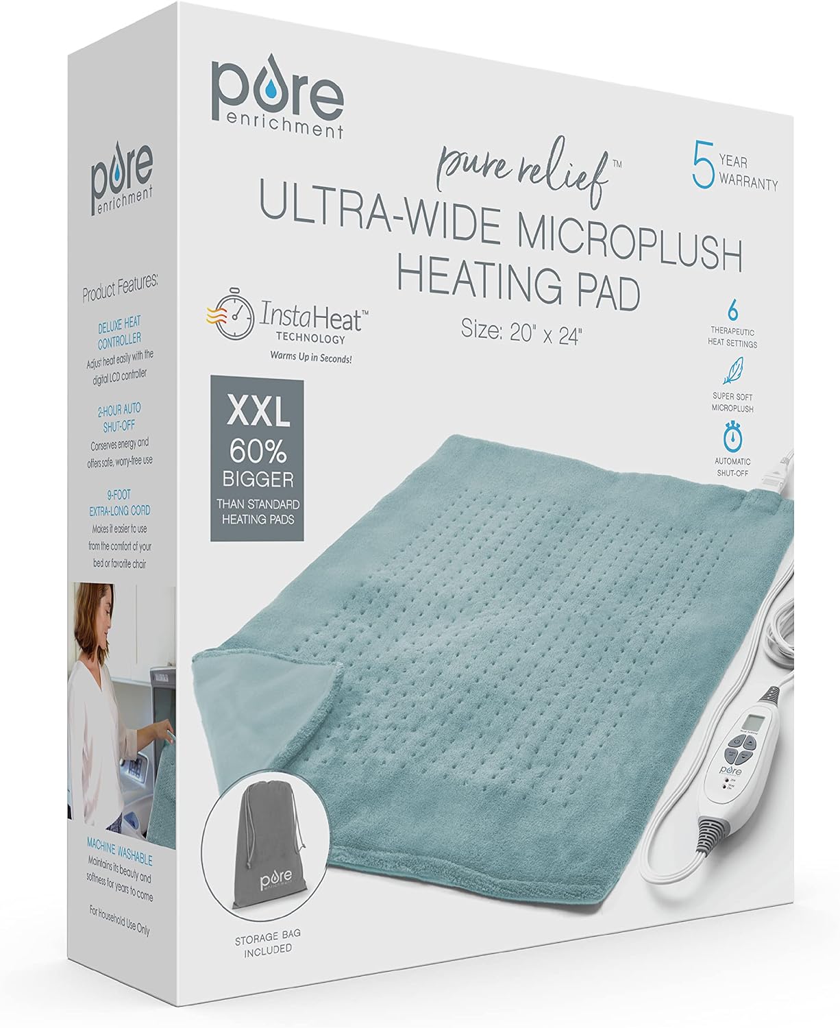 Pure Enrichment PureRelief Ultra-Wide Microplush Heating Pad - 20” x 24” XXL Size & 6 Heat Settings for Temporary Neck, Shoulder & Back Pain Relief - Moist Heat Option & Machine Washable (Sea Glass) - Image 8