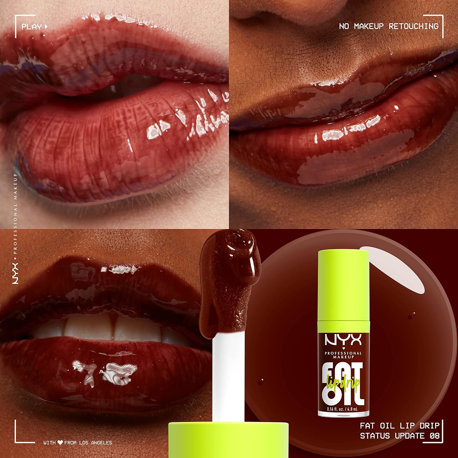 NYX PROFESSIONAL MAKEUP Fat Oil Lip Drip, Moisturizing Lip Oil Gloss, Vegan Tinted Formula, Up to 12 HR Hydration - Status Update (Rich Chocolate) - Image 3