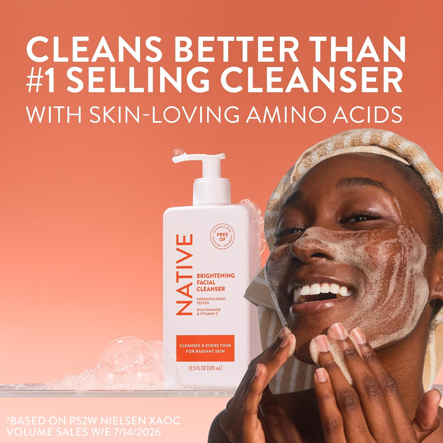Native Brightening Facial Cleanser, for Normal Combination Skin, Sulfate Free, with Niacinamide and Vitamin C, Dermatologist Tested, 12.5 FL Oz - Image 2
