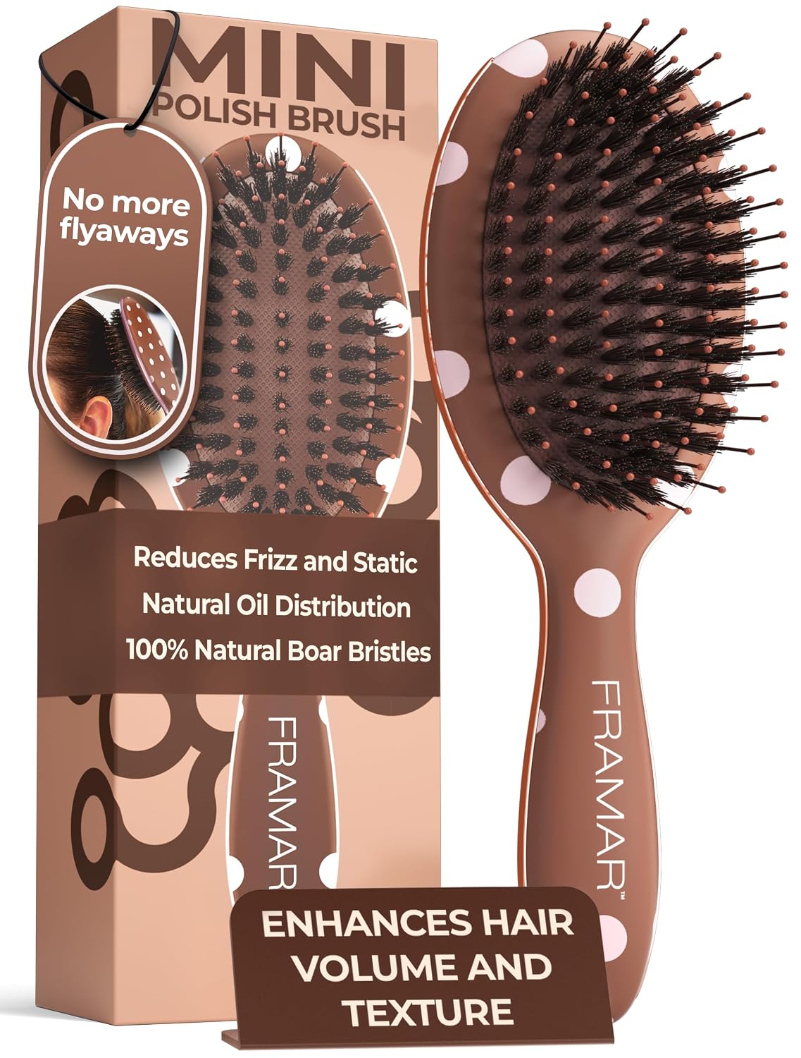 FRAMAR Small Boar Bristle Hair Brush For Women, Mini Hair Brush For Purse