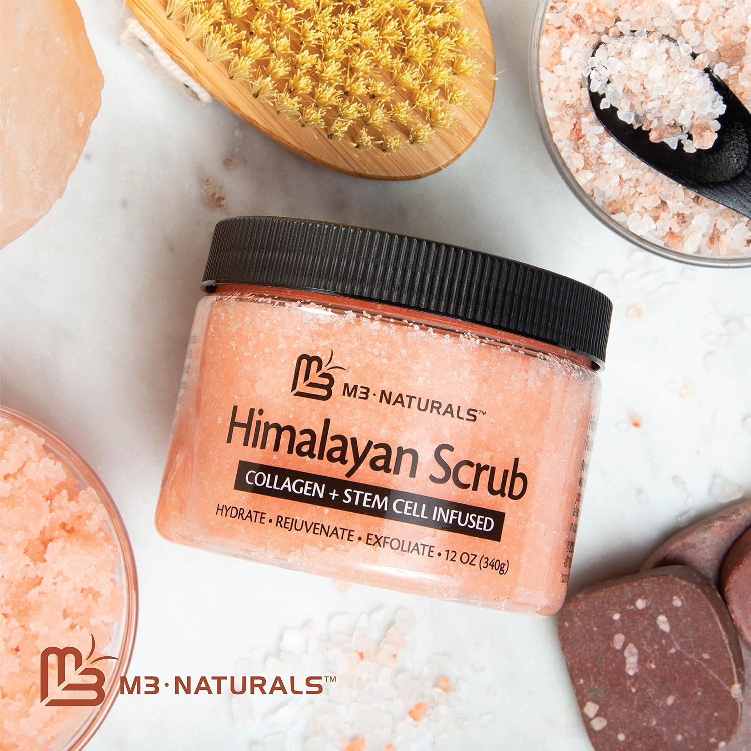 Himalayan Salt Scrub Face Foot & Body Exfoliator Infused with Collagen and Stem Cell Natural Exfoliating Salt Body Scrub for Toning Cellulite Skin Care by M3 Naturals - Image 2